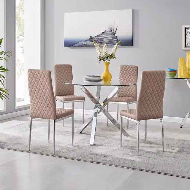 FurnitureboxUK Selina Chrome Round Glass Dining Table and Four Milan Chairs Set in Cappuccino