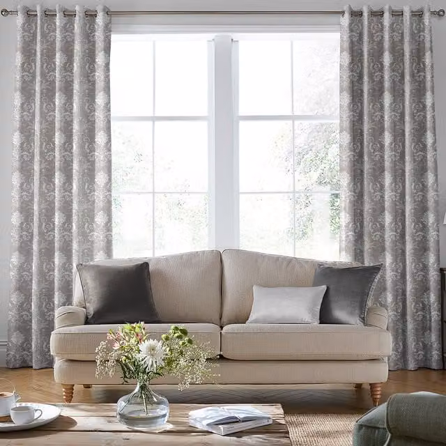 Laura Ashley Josette Made to Measure Blackout Woven Curtains in Grey and Silver Floral Pattern