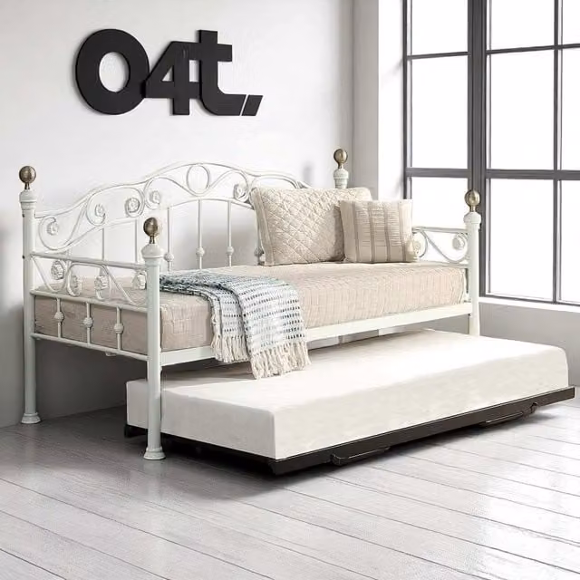 OAT Home Mayfair Metal Single Day Bed with Guest Trundle in White and Gold, 90 x 190 cm