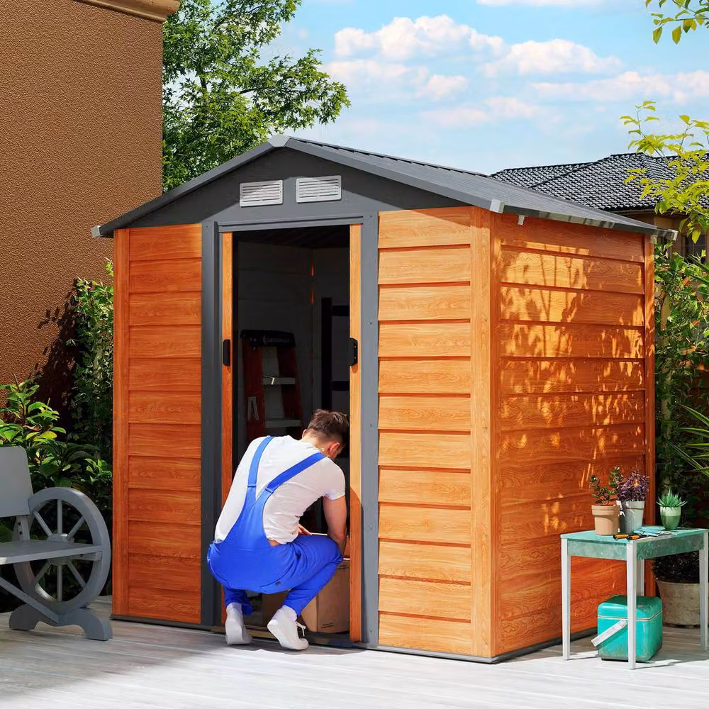 Rolipo Metal Garden Shed with Sliding Door and Vents, Brown, H 200 cm x W 152.4 cm x D 152.4 cm – 2