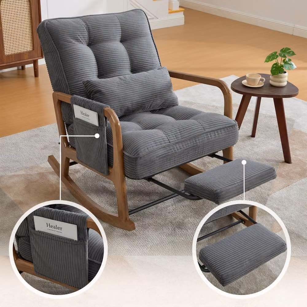 GOMYWAY Matteo Grey Corduroy Upholstered Rocking Recliner Chair with Armrests and Solid Wood Frame – 4