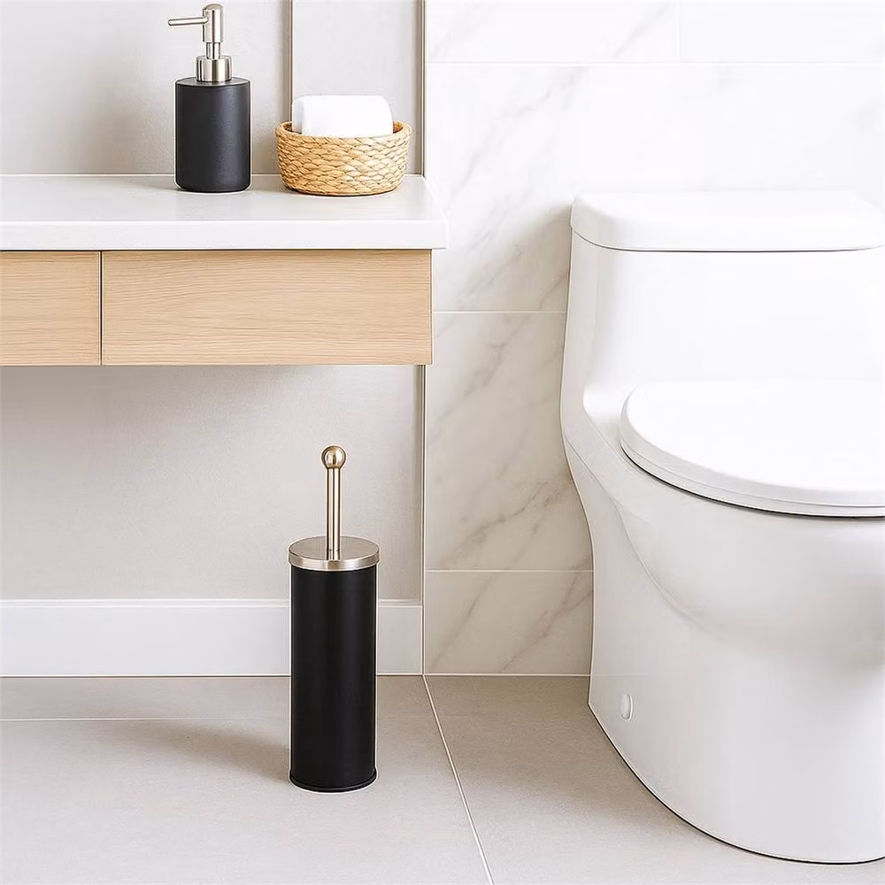 VOGREX Black Stainless Steel Toilet Brush Set with Matt Holder Cup – 3