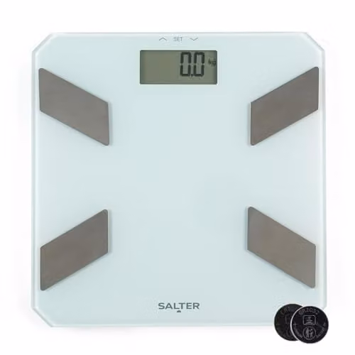 Salter Glass Analyser Bathroom Scale in White, Electronic Digital Bodyweight, Body Fat and Body Water Scale with LCD Display and 9 User Memory, Max Capacity 180kg