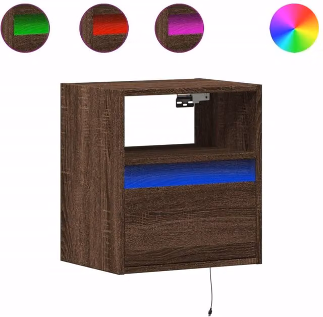 Berkfield Home Wall-mounted Bedside Cabinet with Integrated LED Lights in Brown Oak