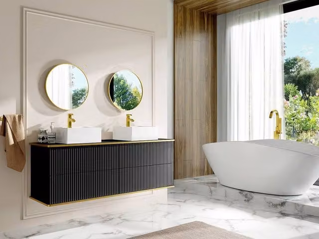 Vente-unique Suspended Ribbed Bathroom Vanity Unit with 4 Drawers and Gold Trim, Black