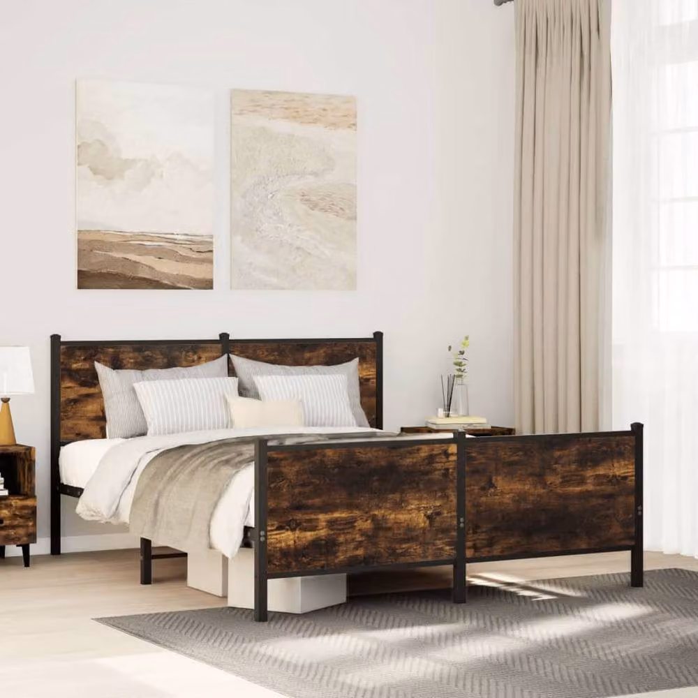Berkfield Home Metal Bed Frame in Smoked Oak and Brown, W/D/H: 137 x 190 x 91.5 cm – 2