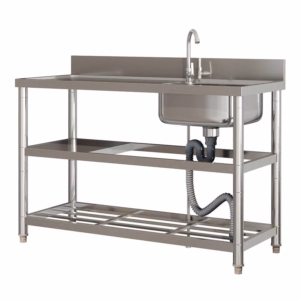H&O Direct Stainless Steel Single Basin Sink with Shelves, Silver, W: 120 cm, D: 89.5 cm, H: 50 cm – 2