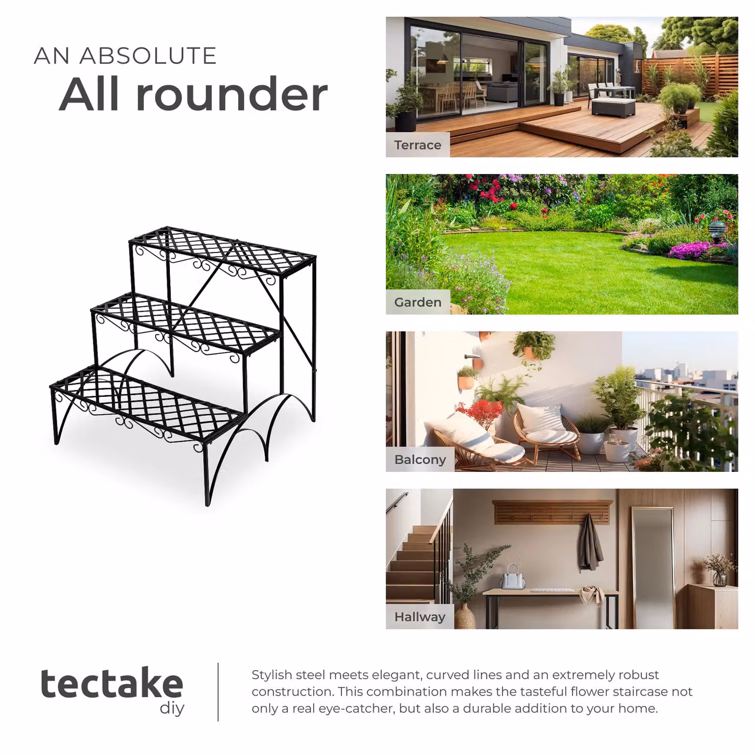 tectake 3-Tier Metal Plant Stand in Matt Black, W/D/H: 60 x 60 x 60 cm – 5