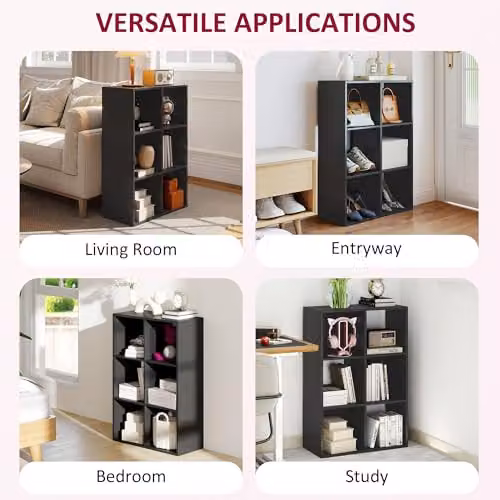 HOMCOM Modern 6-Cube Freestanding 3-Tier Bookshelf in Black, H 91.5 x W 61.5 x D 29.5 cm – 4