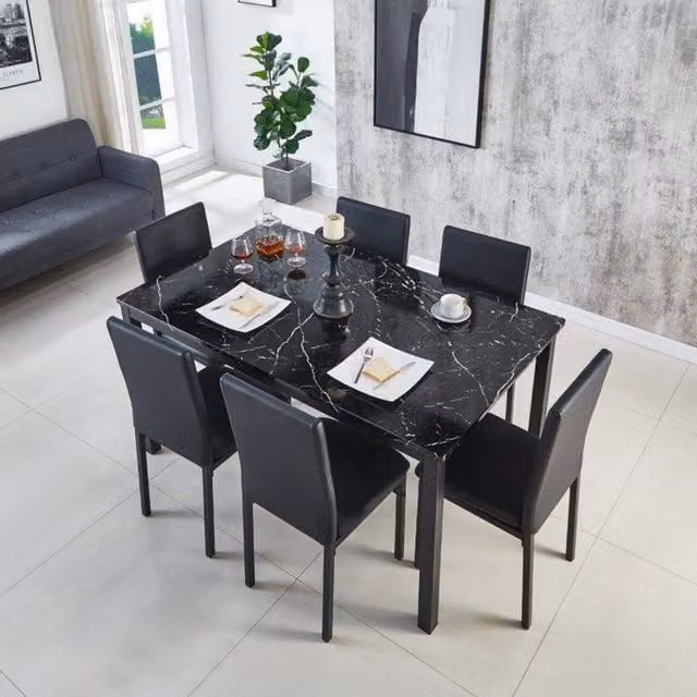 Modernique Modern Rectangular Dining Table and 6 Chairs Set in Black, Brown or Grey with Glossy Abstract Marble Effect