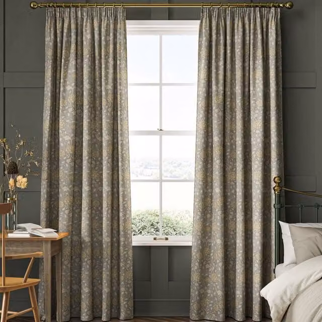 William Morris At Home Made to Measure Blackout Floral Curtain in Beige, Grey and Yellow Cotton Satin
