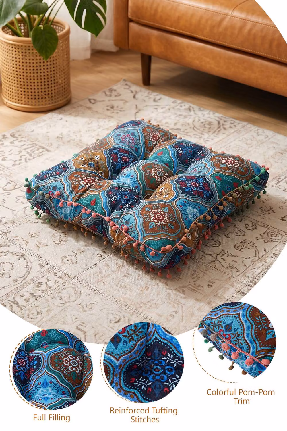 Living and Home Blue Linen Bohemian Floral Square Seat Cushion with Pom-Pom Trim – 3