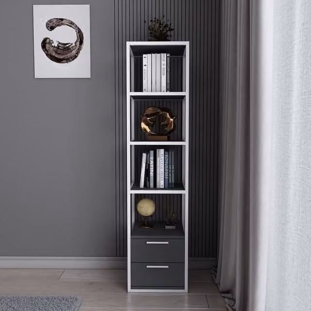 Decorotika Robbins 4-Tier Bookshelf with Cabinets in Anthracite and White