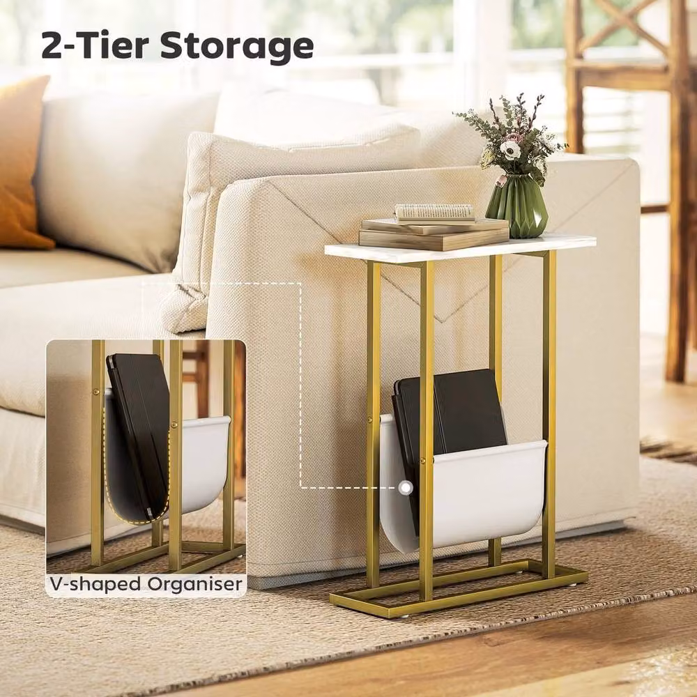 KORVIXA Narrow Side Table with Magazine Holder in White and Gold – 2