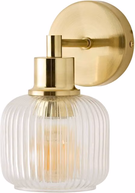 ValueLights Calpe Ribbed Glass Cylinder Wall Light in Gold and Transparent Glass