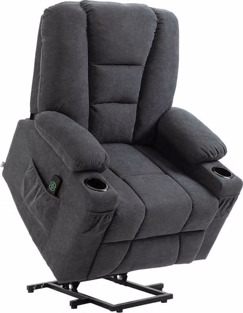 HOMCOM Oversized Fabric Upholstered Riser and Recliner Chair for Seniors in Grey with Remote Control, Side Pockets and Cup Holder