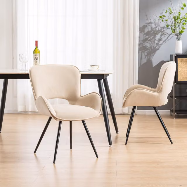 More4Homes Set of 2 Lily Modern Velvet Dining Chairs with Armrests in Beige