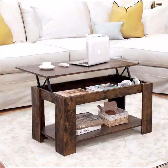 Rafaelo Mobilia Industrial Dark Brown Lift Top Coffee Table with Hidden Storage – 1