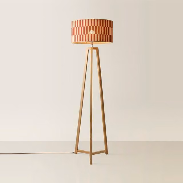 ValueLights Lottie Tripod Floor Lamp with Multicolour Orange and Red Checkerboard Bamboo Shade
