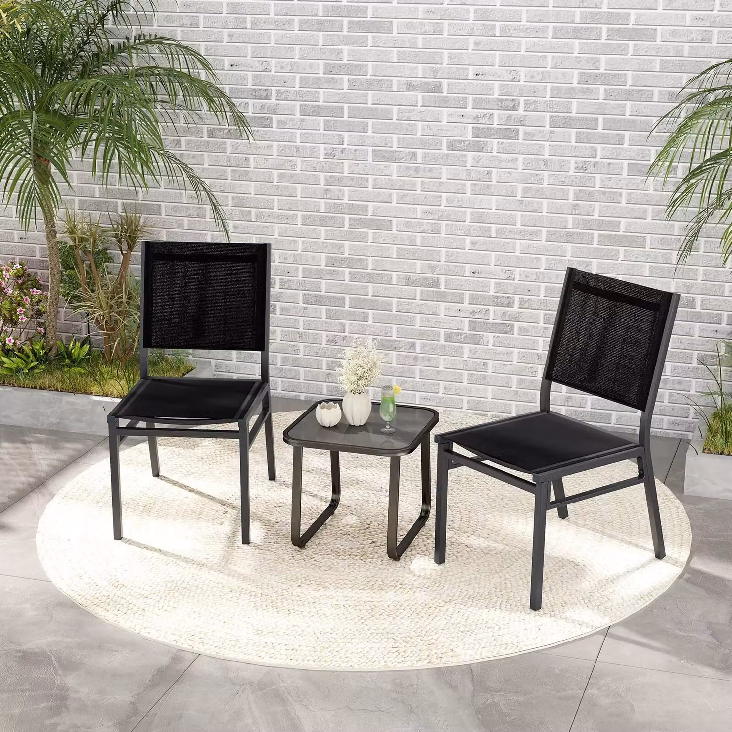 Costway Set of 2 Black UV-Resistant Powder-Coated Aluminium Outdoor Dining Armless Chairs with Textilene Fabric – 3