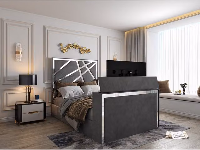 Casani Rayleigh Upholstered Soft Velvet TV Bed Frame in Grey, Superking, 200 x 200 cm