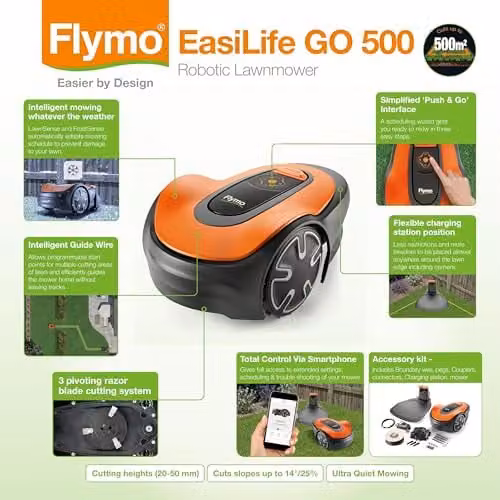 Flymo EasiLife 500 GO Robotic Lawn Mower in Orange and Grey, covers up to 500 sq m – 2