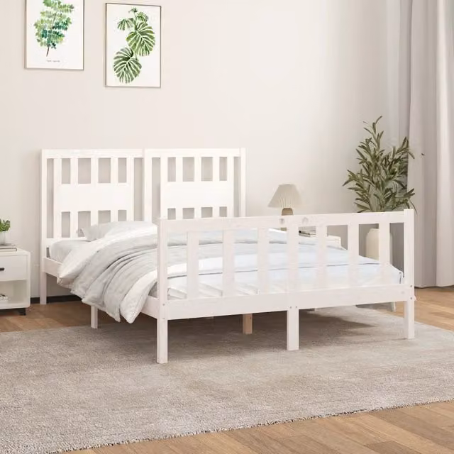 Berkfield Home White Solid Wood Pine Bed Frame with Headboard W/D/H: 140 x 200 cm – 1