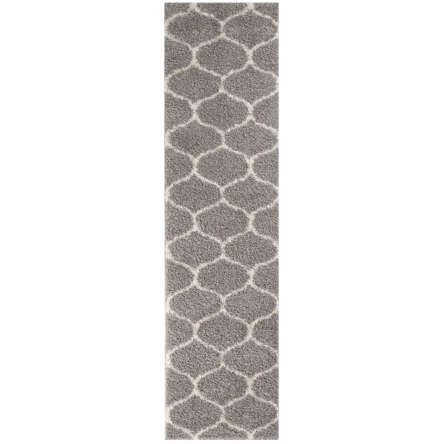 THE RUGS Soft Trellis Shaggy Moroccan Style Rug, Grey and Ivory, W: 80 cm, L: 300 cm – 3