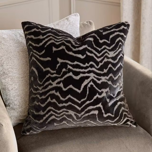 Paoletti Tierra Black Cut Velvet Abstract Square Cushion, W/D/H: 50 x 50 x 50 cm