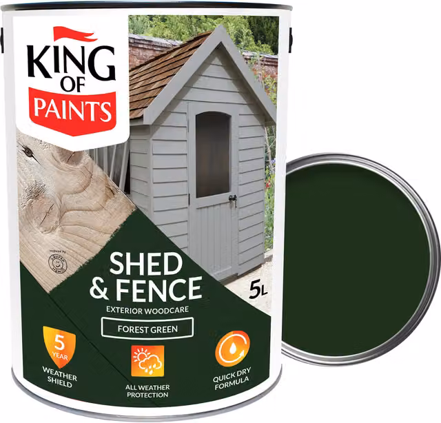 King of Paints Weatherproof Shed and Fence Wood Paint, Forest Green, 5 l