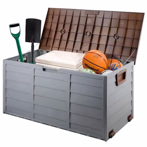 BARGAINS-GALORE Outdoor Garden Storage Box and Seat in Brown and Grey Plastic with Castors – 1
