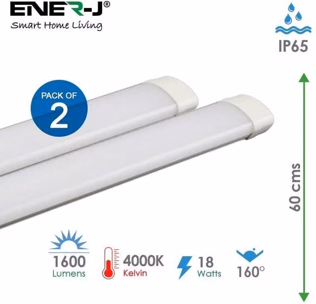 ENER-J LED Triproof Batten IP65 18W 4000K Cool White, Pack of 2, W: 60 cm, Colour: White