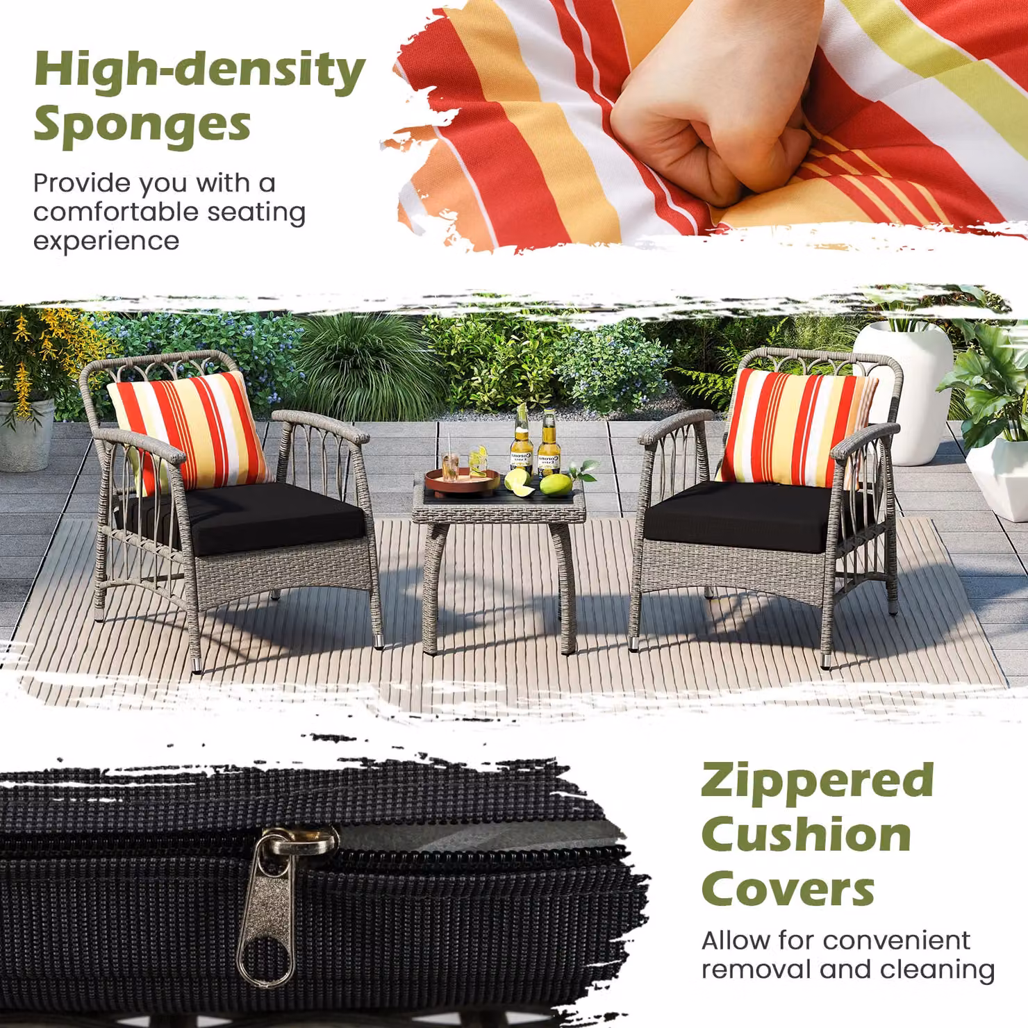 Costway 3 Piece Grey PE Wicker Patio Furniture Set with Coffee Table and Armchairs – 5