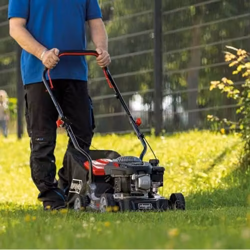 Scheppach MP132-40 Petrol Push Lawn Mower, Black, 40cm Cut, Height: 30–66 mm, 35 l Grass Bag with Mulching Kit – 3