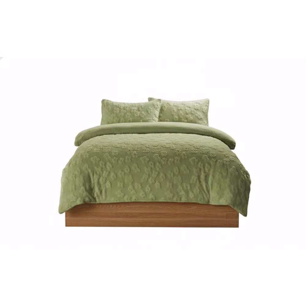 Snug City Daisy Embossed Ultra Soft Teddy Fleece Duvet Cover and Pillowcase Set in Green, Single – 2