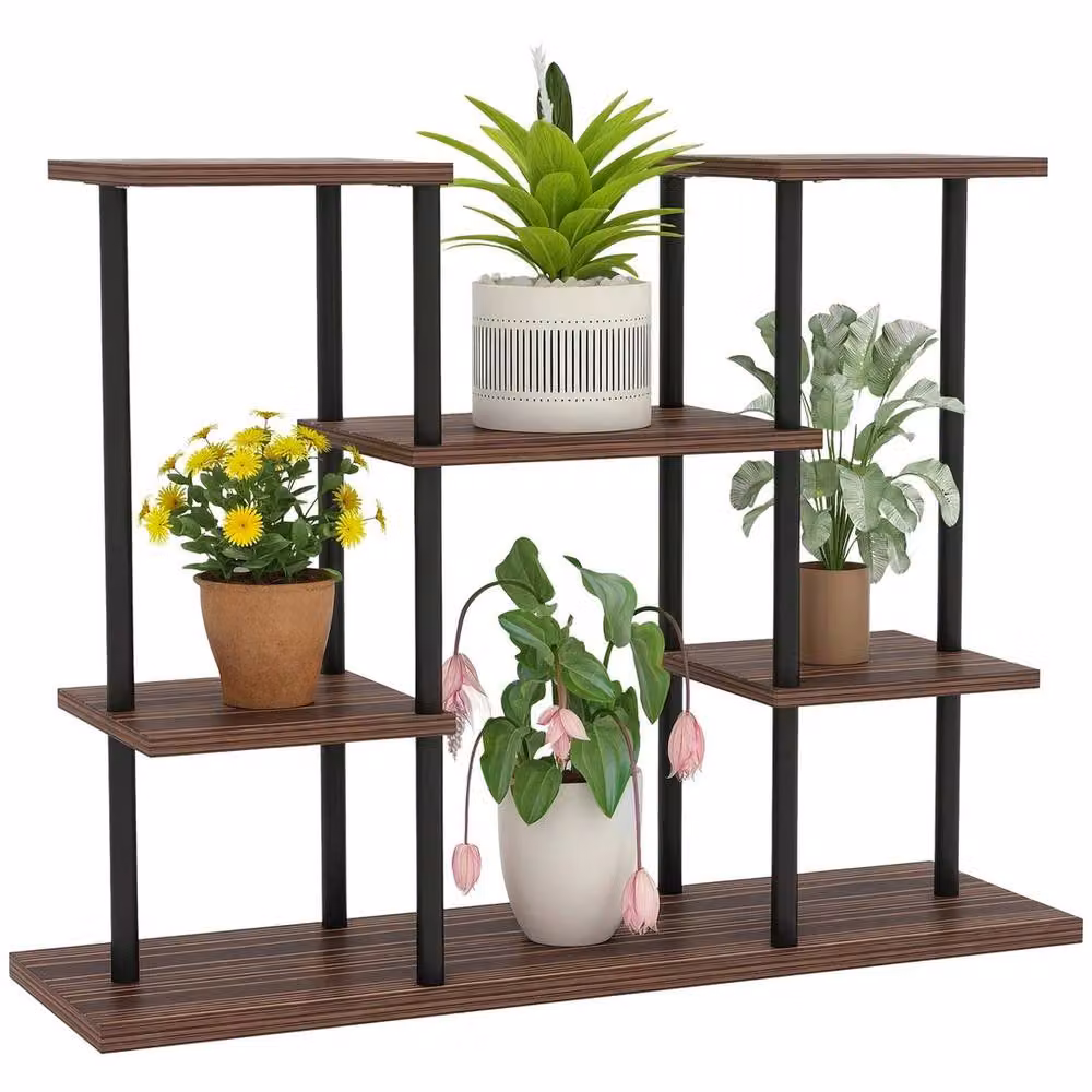 FORGEVIO 4 Tiered Outdoor Wood Plant Stand and Flower Pot Holder in Brown and Multicolour – 5