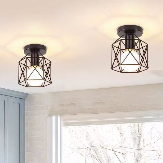 Goeco Pack of 2 Industrial Black Metal Ceiling Lights with Retro Round Lampshades – 1