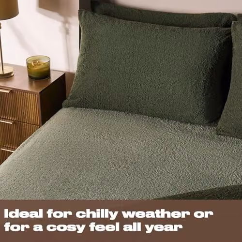 OHS Teddy Fleece Thermal Fitted Bed Sheet, Green, W/D/H: 140 x 200 cm – 3