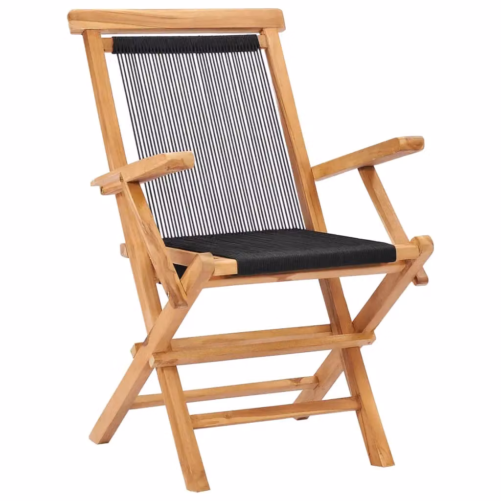 Berkfield Home Set of 2 Folding Garden Chairs in Black Solid Teak Wood and Rope – 2