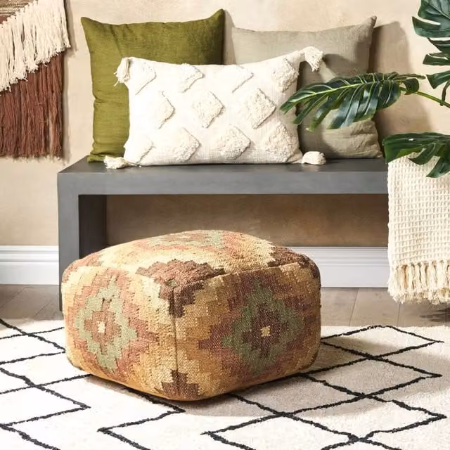 Wyld and Coco Kilim Pouffe in Multicolour Brown Jute and Wool, W/D/H: 50 x 50 x 50 cm – 1