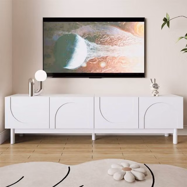 ModernLuxe White TV Cabinet with Wave-Shaped Doors and Shelves, W: 169.0 cm, D: 45.5 cm, H: 45.5 cm