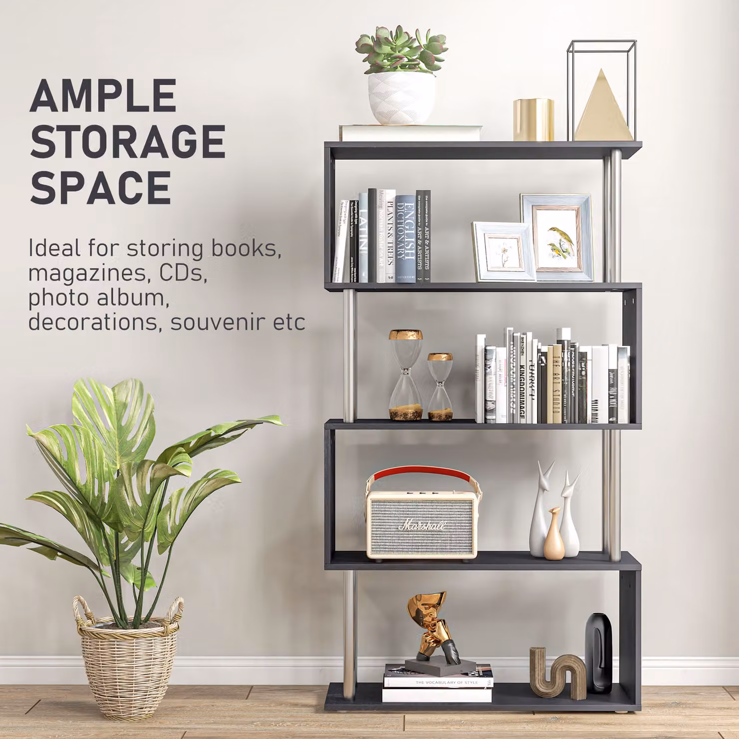 HOMCOM S-Shaped Contemporary Wooden Bookcase and Storage Display Unit in Black – 3