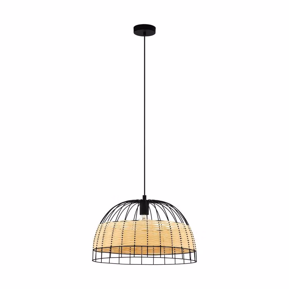 Eglo ANWICK Black Single Pendant Light with E27 Socket and Rattan Details – 3