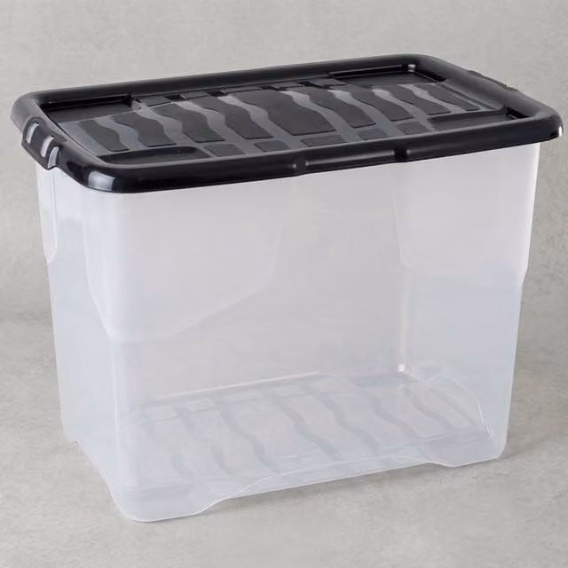 Storm Trading Group Set of 3 Heavy-Duty Stackable Curved Plastic Storage Boxes with Black Lids, 65L Each, Transparent