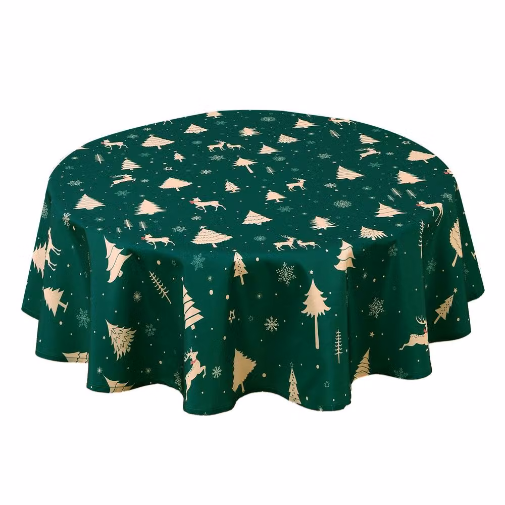 London Boutique Round Christmas Tablecloth in Green and Gold, Waterproof and Washable, Diameter: 152.4 cm – 2