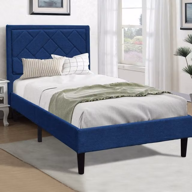 Comfy Living Upholstered Fabric Bed Frame with Padded Headboard in Grey and Blue, 90 x 200 cm