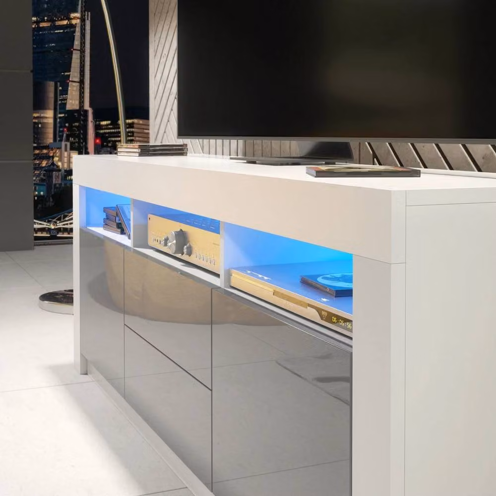 FORGEVIO Modern TV Stand Cabinet with White Matt Body and Grey Gloss Doors – 2