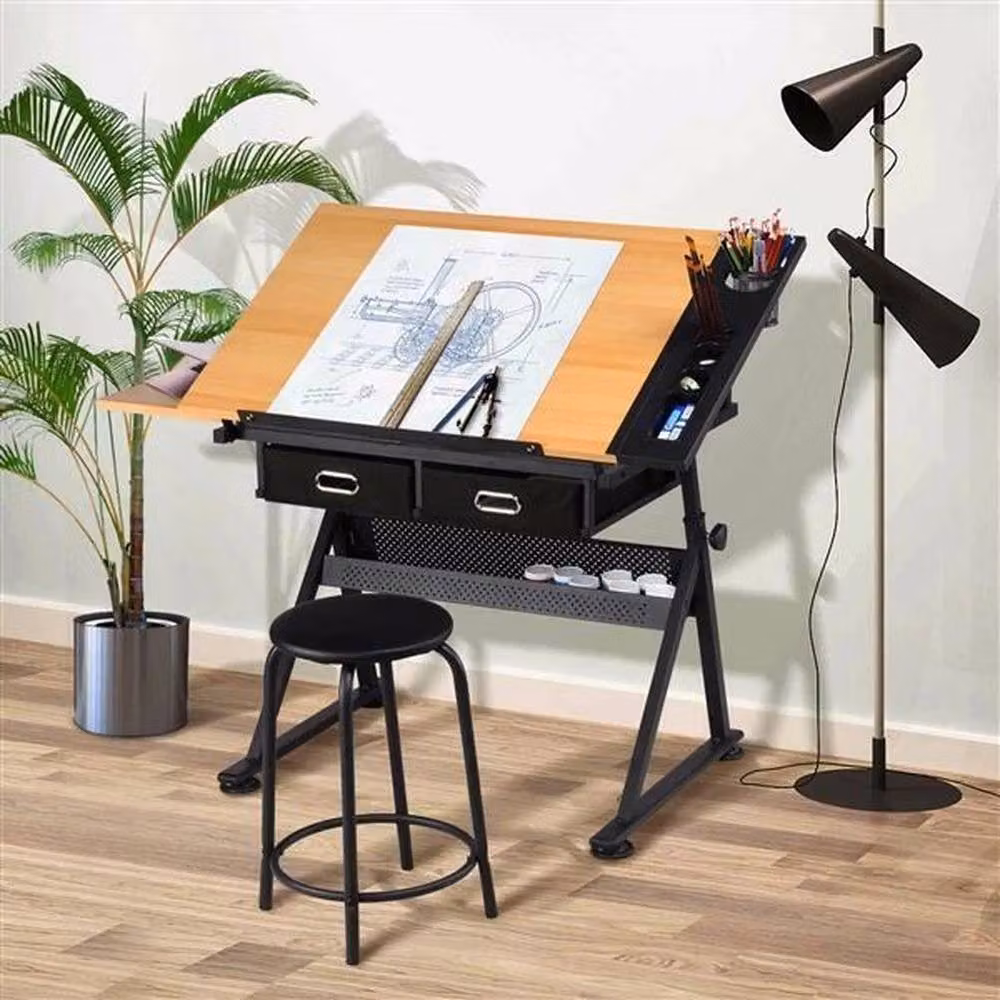 EONLION Modern Art Craft and Writing Desk with Tilting Top and 2 Drawers in Brown and Beige, Width: 100 cm – 3