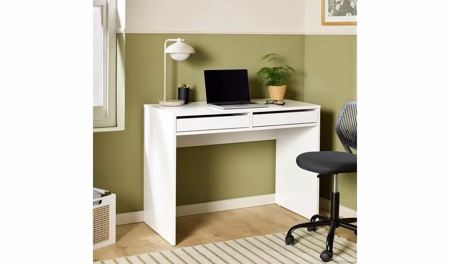 Pepper Modern White Writing Desk with Single Pedestal and Two Drawers