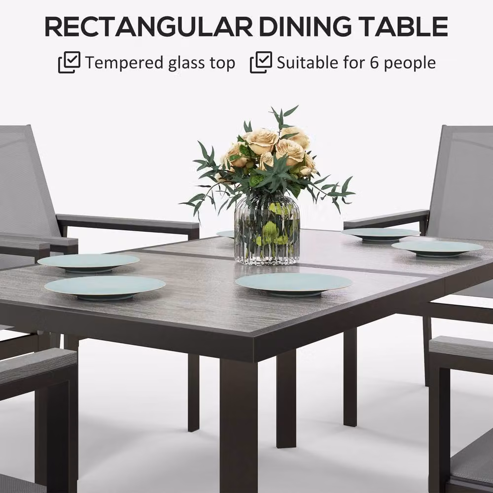 OUTSUNNY 7 Piece Modern Grey Garden Dining Set with Rectangular Glass Top Table and 6 Armchairs – 4